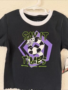 Black Short-Sleeve Kids Graphic Tee with Neon Green & Purple Beetlejuice Design